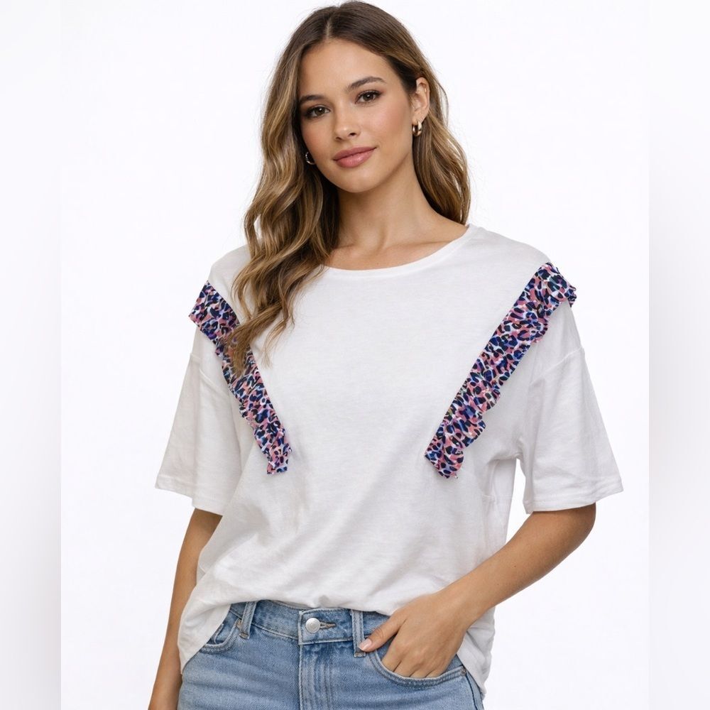 MOLLY BRACKEN Women’s White Top with Colorful Ruffle Detail Size S/M